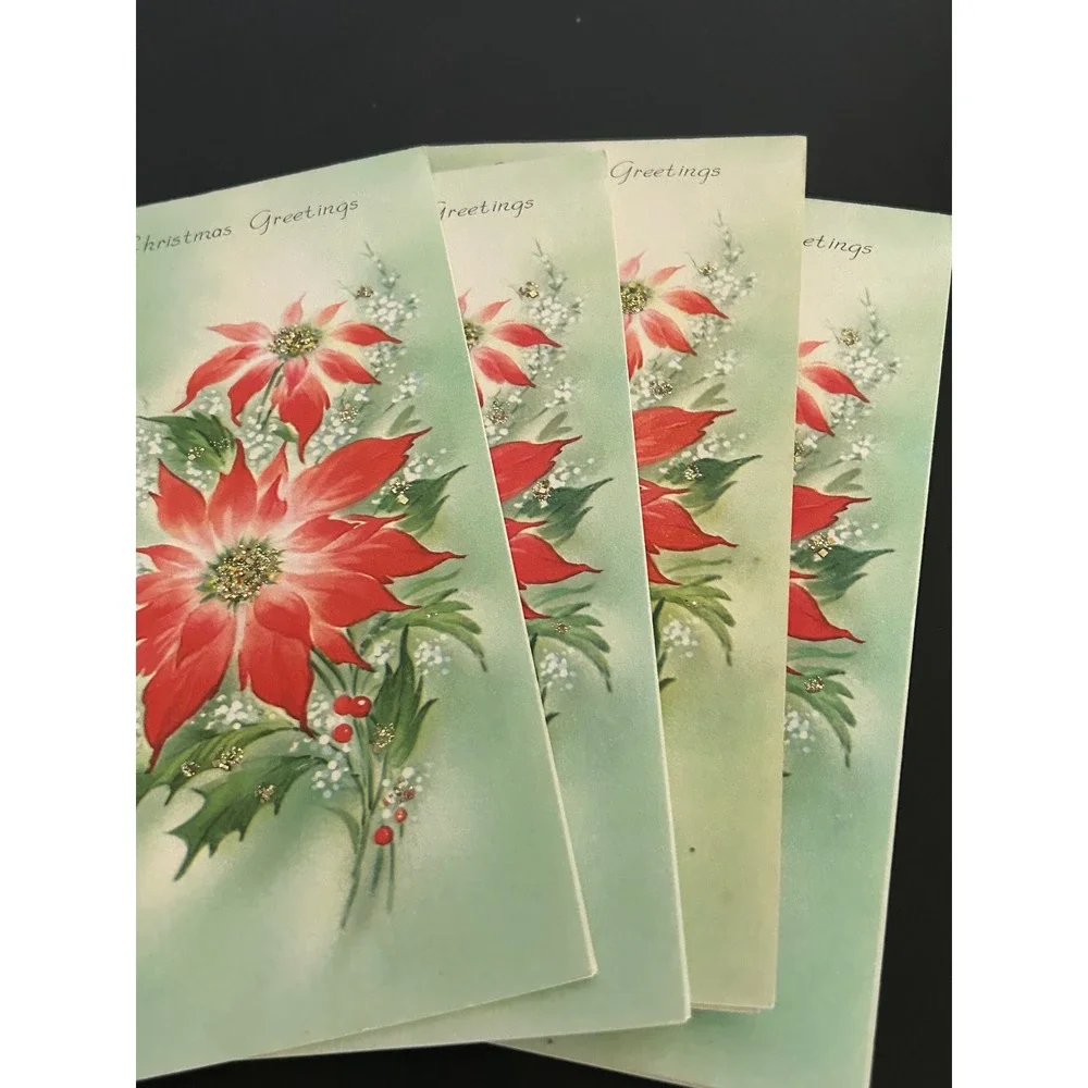 Christmas Cards Glitter Bulk Lot  Vintage Glitter Poinsettia Candle Winter Scene
